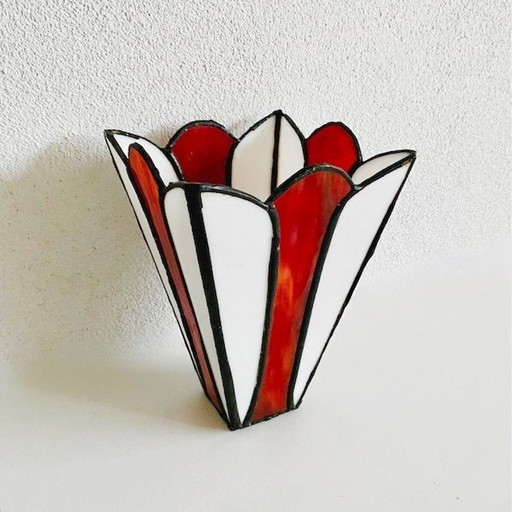 Vintage Glasmalerei Vase Blume rot weiß