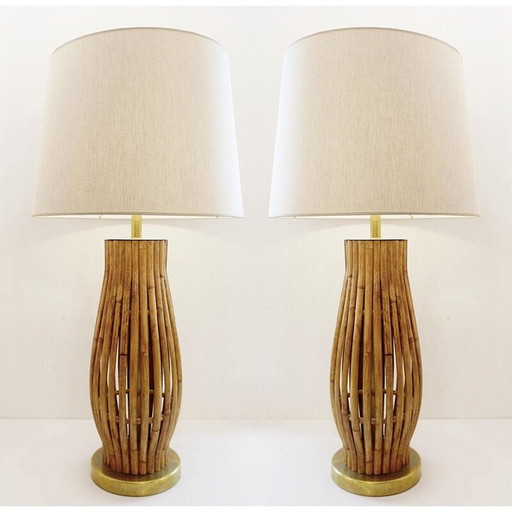 Paar große Vintage-Tischlampen aus Messing und Bambus