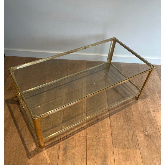 Image 1 of Vintage Couchtisch mit doppelter Platte aus polierter Bronze und Glas, 1970