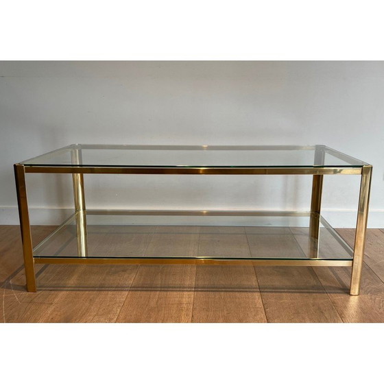 Image 1 of Vintage Couchtisch mit doppelter Platte aus polierter Bronze und Glas, 1970