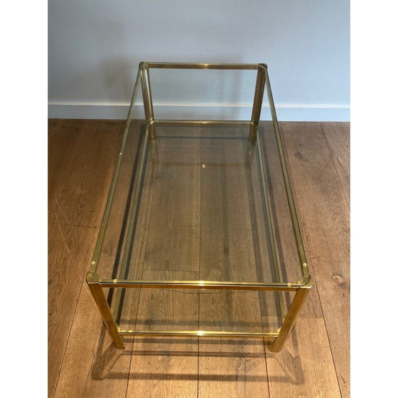 Image 1 of Vintage Couchtisch mit doppelter Platte aus polierter Bronze und Glas, 1970