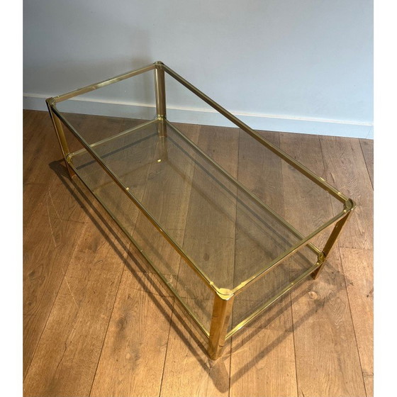 Image 1 of Vintage Couchtisch mit doppelter Platte aus polierter Bronze und Glas, 1970