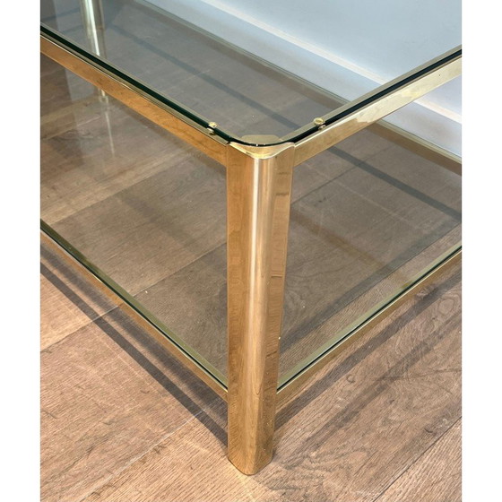 Image 1 of Vintage Couchtisch mit doppelter Platte aus polierter Bronze und Glas, 1970