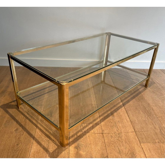 Image 1 of Vintage Couchtisch mit doppelter Platte aus polierter Bronze und Glas, 1970