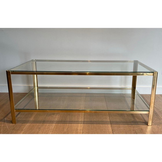 Image 1 of Vintage Couchtisch mit doppelter Platte aus polierter Bronze und Glas, 1970