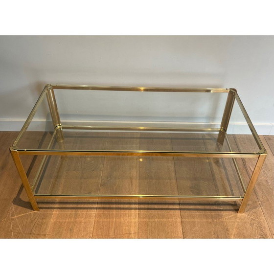 Image 1 of Vintage Couchtisch mit doppelter Platte aus polierter Bronze und Glas, 1970