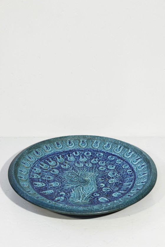 Image 1 of Große Vintage-Keramikplatte mit Pfau Design Ceramano West Germany 1960S