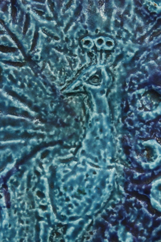 Image 1 of Große Vintage-Keramikplatte mit Pfau Design Ceramano West Germany 1960S