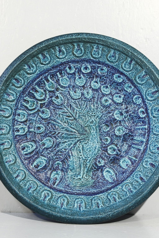 Große Vintage-Keramikplatte mit Pfau Design Ceramano West Germany 1960S