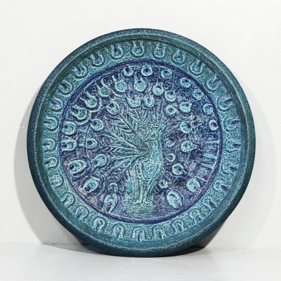 Image 1 of Große Vintage-Keramikplatte mit Pfau Design Ceramano West Germany 1960S