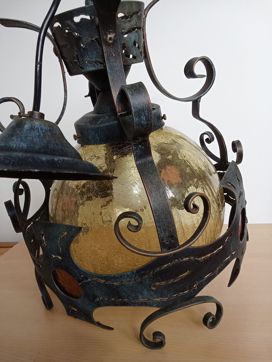 Image 1 of Brutalistische Schmiedeeisen Craquele Gelbes Glas Runde Deckenlampe/ Auch Veranda Lampe Decke