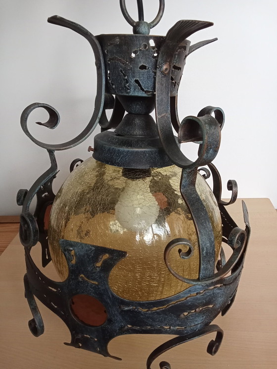 Image 1 of Brutalistische Schmiedeeisen Craquele Gelbes Glas Runde Deckenlampe/ Auch Veranda Lampe Decke