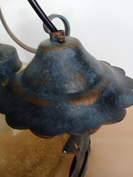 Image 1 of Brutalistische Schmiedeeisen Craquele Gelbes Glas Runde Deckenlampe/ Auch Veranda Lampe Decke