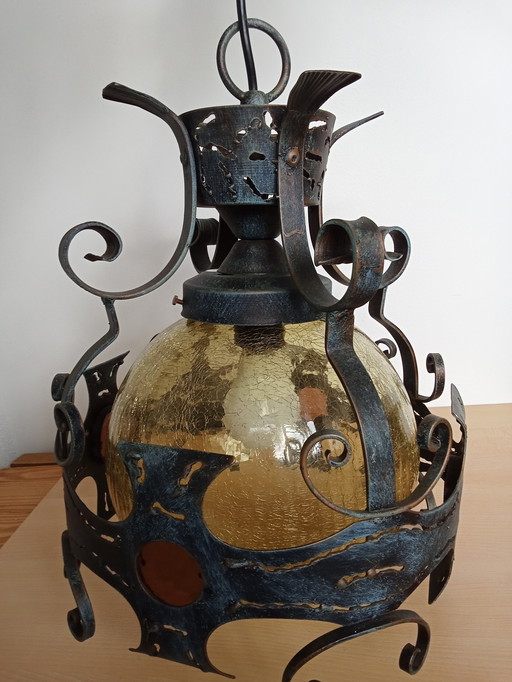 Brutalistische Schmiedeeisen Craquele Gelbes Glas Runde Deckenlampe/ Auch Veranda Lampe Decke