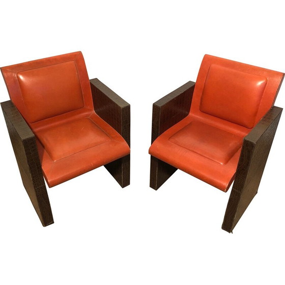 Image 1 of Paar Vintage-Sessel aus braunem und orangefarbenem Leder, Französisch 1970