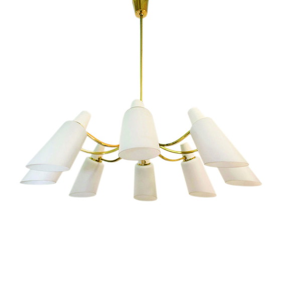 Image 1 of Sputnik-Kronleuchter mit 8 Opal-Lampenschirmen, Stilnovo-Stil, 1950er Jahre, Italien