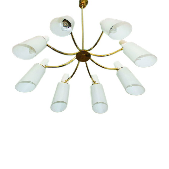 Image 1 of Sputnik-Kronleuchter mit 8 Opal-Lampenschirmen, Stilnovo-Stil, 1950er Jahre, Italien