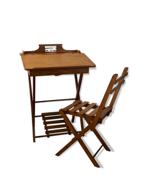 Vintage Kinderschreibtisch aus Buche mit Stuhl von Clerc Pampo, Frankreich 1950s