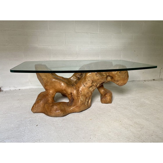 Image 1 of Brutalistischer Couchtisch aus Holz und Glas von Jean Yves Le Guyader