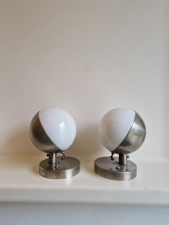 Image 1 of 2X Wandleuchte Giso Gispen Lauritsen Nickel Mit Glas Bauhaus Art Deco