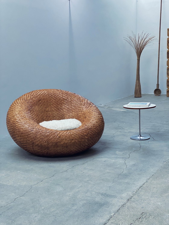 Image 1 of Rattan Geflecht „Mushroom“ Chair Pille Sessel Mit Schaffell Kissen, Frankreich 1970Er