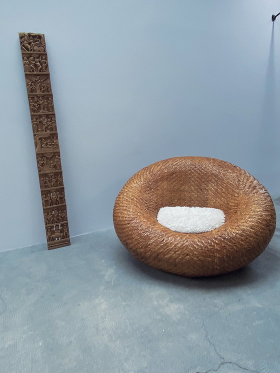 Image 1 of Rattan Geflecht „Mushroom“ Chair Pille Sessel Mit Schaffell Kissen, Frankreich 1970Er