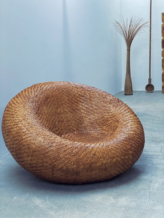 Image 1 of Rattan Geflecht „Mushroom“ Chair Pille Sessel Mit Schaffell Kissen, Frankreich 1970Er
