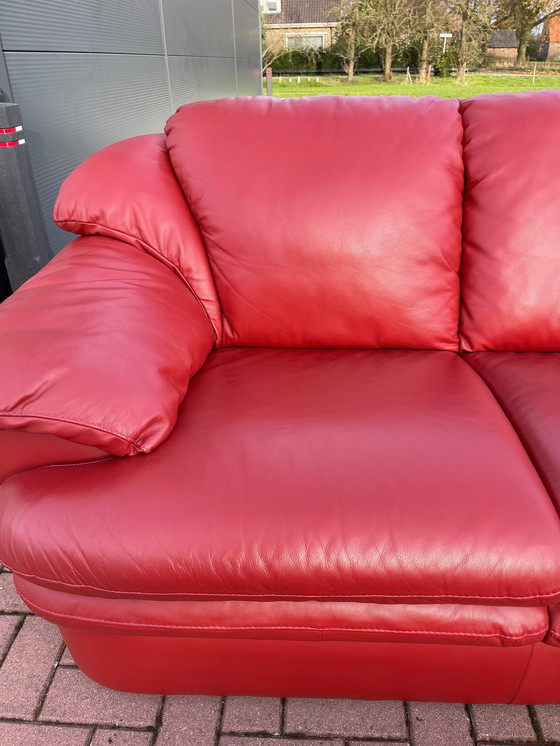 Image 1 of Schönes Natuzzi Rotes Leder Ecksofa mit Ottomane