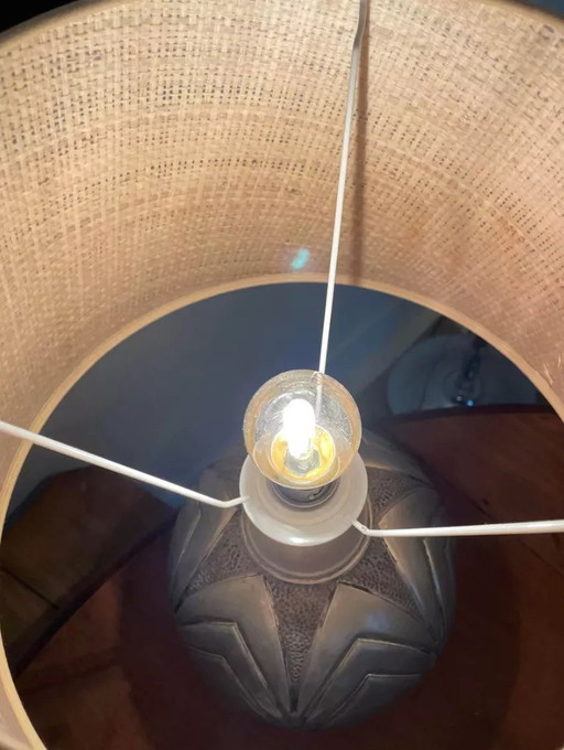 Vintage-Lampe aus Kupferschmiedekunst René Delavan, Zinn Und Raphia