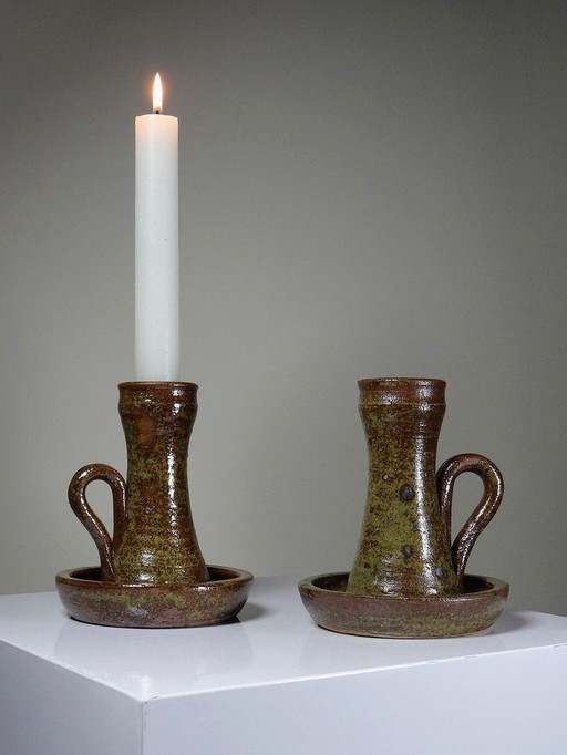 Paar Große Kerzenhalter Aus Sandstein Pyrité Vintage La Borne Style Baudat
