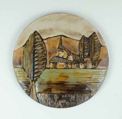 Vintage Ruscha Wandfliese ländliche Landschaft mit Haus und Bäumen 1970er Jahre