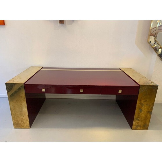 Image 1 of Vintage Schreibtisch aus lackiertem Holz und Messing von Jean Claude Mahey, 1970