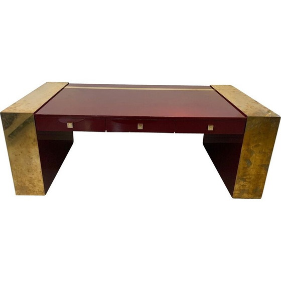 Image 1 of Vintage Schreibtisch aus lackiertem Holz und Messing von Jean Claude Mahey, 1970