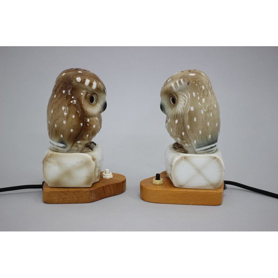 Image 1 of Paar alte Porzellan-Eulen-Tischlampen, Tschechoslowakei 1930