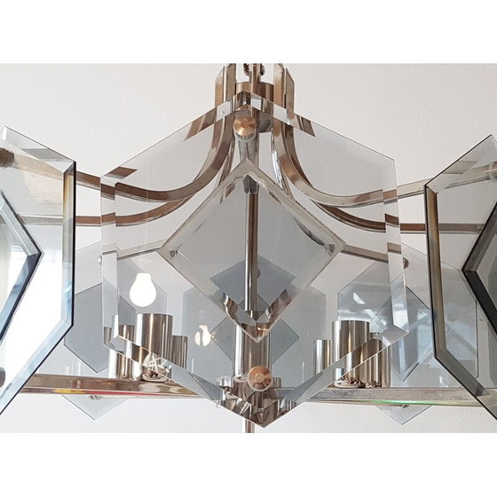 Image 1 of Vintage-Kronleuchter aus Glas und Stahl von Sische, 1980