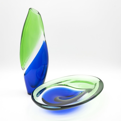 Vintage Böhmisches Glas Oval Früchte Schale & Vase Ladislav Palecek Beranek 70er Jahre MCM