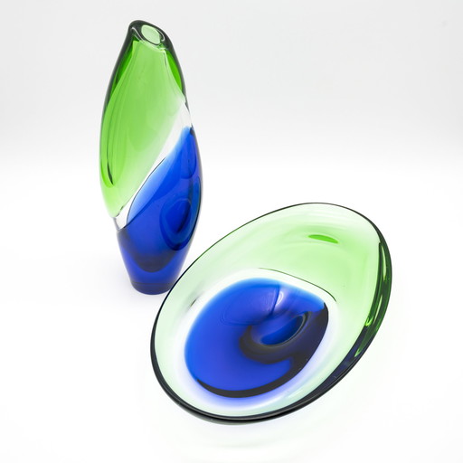 Vintage Böhmisches Glas Oval Früchte Schale & Vase Ladislav Palecek Beranek 70er Jahre MCM