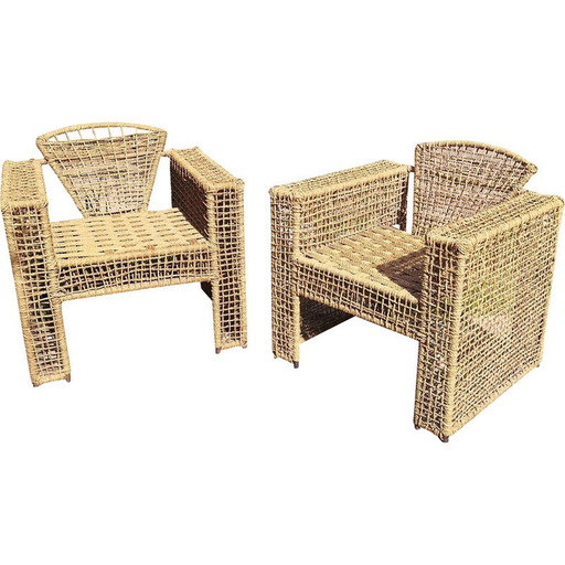 Paar Vintage-Sessel aus Metall und geflochtenem Seil, Frankreich 1980