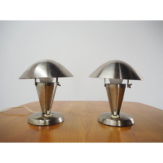 Image 1 of Paar verchromte Art-Deco-Bauhaus-Tischlampen mit flexiblem Schirm, Tschechoslowakei 1930
