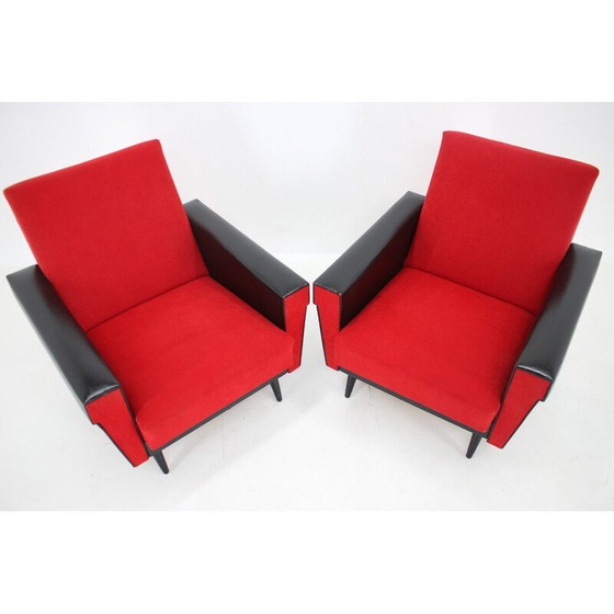 Image 1 of Paar Vintage-Sessel aus Kunstleder und rotem Stoff, Tschechoslowakei 1970er Jahre