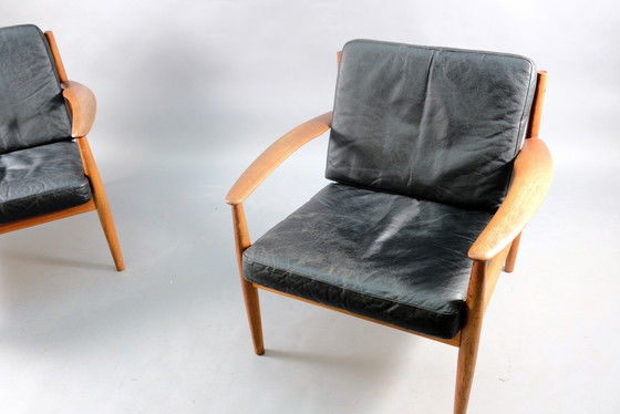 Image 1 of Mid-Century Danish Teak and Black Leather Lounge Chairs by Grete Jalk for France & Søn / France & Daverkosen, Set of 2