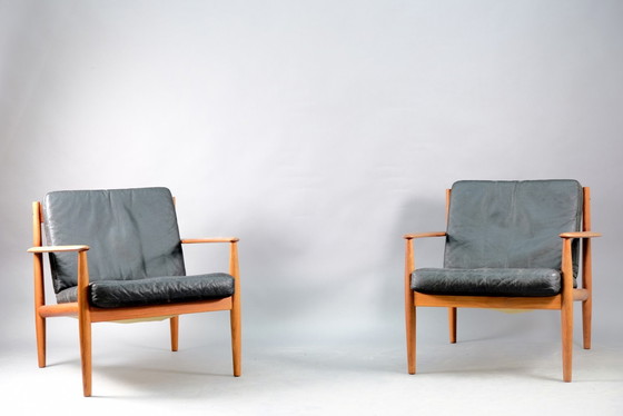 Image 1 of Mid-Century Danish Teak and Black Leather Lounge Chairs by Grete Jalk for France & Søn / France & Daverkosen, Set of 2