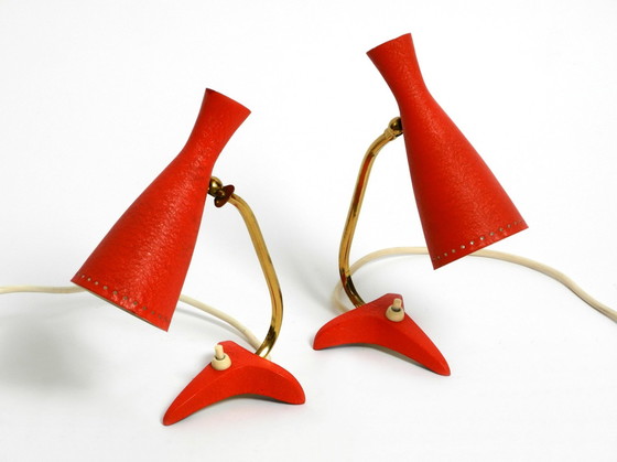 Image 1 of Paar schöne rote Mid Century Modern Diabolo Crow's Foot Tischlampen von Cosack