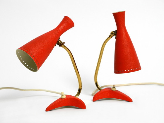 Image 1 of Paar schöne rote Mid Century Modern Diabolo Crow's Foot Tischlampen von Cosack