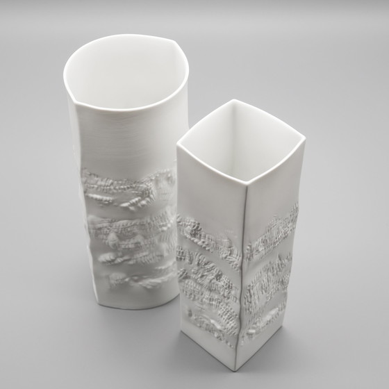 Image 1 of Hutschenreuther Bisque Porzellan Vase Duo Fein Weiß Matt Abstrakt Relief Mcm