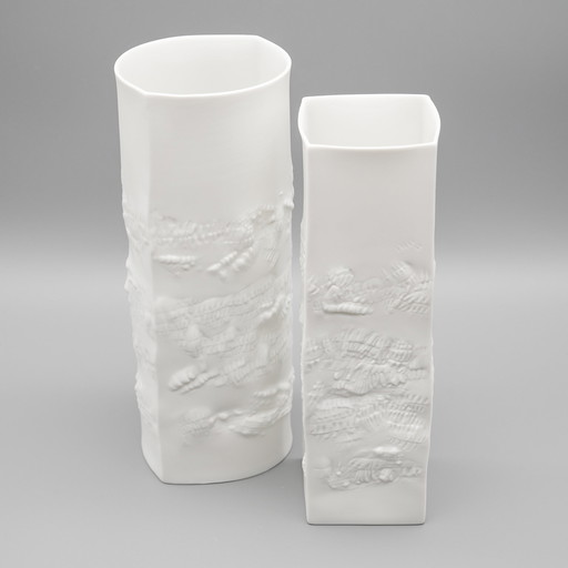 Hutschenreuther Bisque Porzellan Vase Duo Fein Weiß Matt Abstrakt Relief Mcm