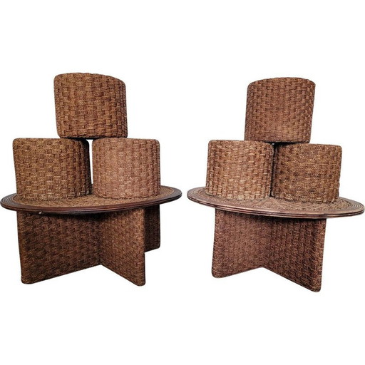 Set aus 6 Hockern und 2 Vintage-Couchtischen aus Seil und Rattan