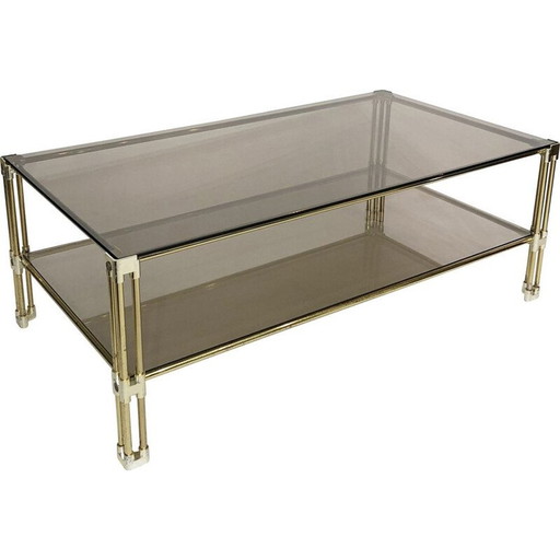 Vintage Couchtisch aus Messing und Rauchglas von Hollywood Regency, Italien 1970