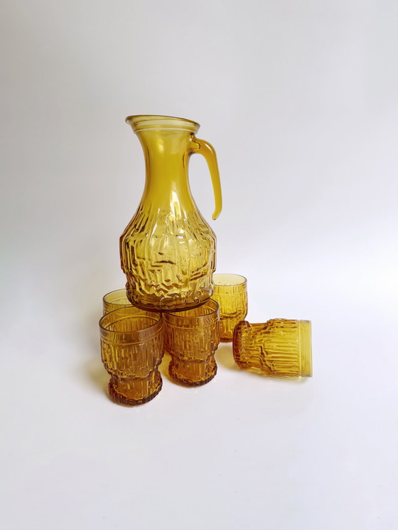 Image 1 of Vintage Karaffe Set Trinkgläser Gelb Pressglas Brutalist 70Er Bormioli Rocco
