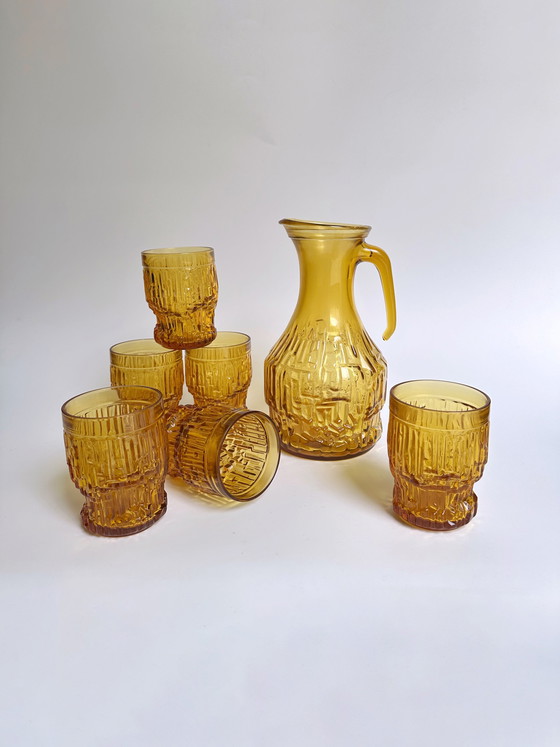 Image 1 of Vintage Karaffe Set Trinkgläser Gelb Pressglas Brutalist 70Er Bormioli Rocco